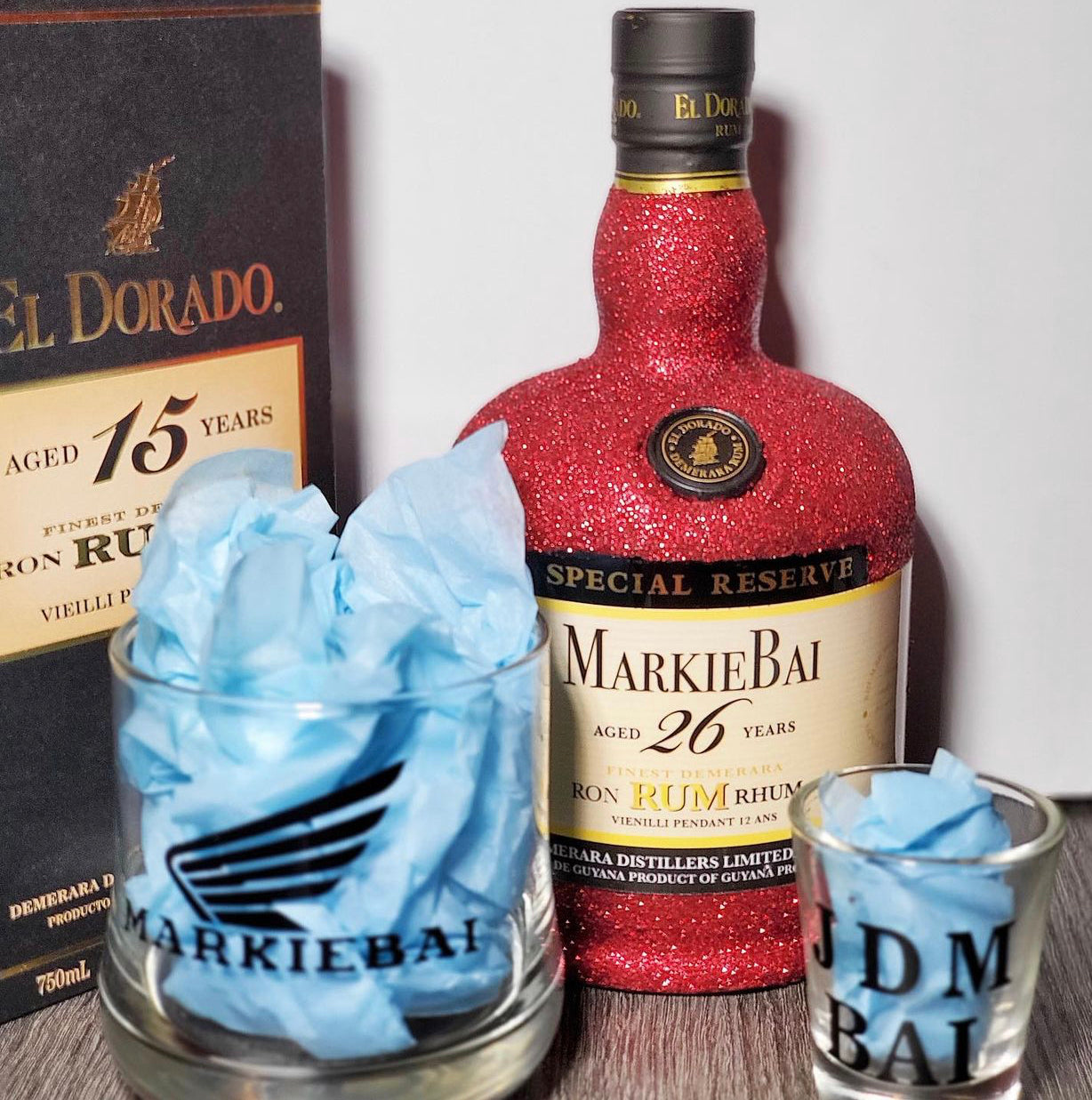 Glitter Custom Eldorado Bottle & Label with Whiskey & Shot Glass